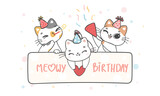 Fototapeta  - group of three cute funny playful kitten cats celebrating pary birthday, Meowy Birthday, cheerful pet animal cartoon doodle character drawing