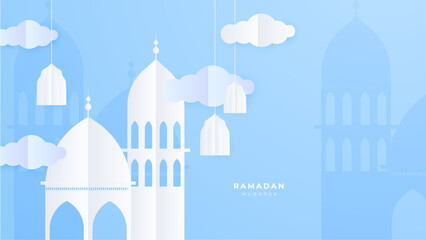 Wall Mural - Ramadan Kareem Banner with Moon, Clouds and 3d Paper cut Sheikh Zayed Grand Mosque icon. Vector illustration. Place for Text. Eid Mubarak greeting card