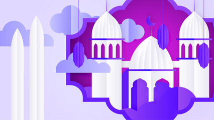 Wall Mural - Ramadan Kareem Banner with Moon, Clouds and 3d Paper cut Sheikh Zayed Grand Mosque icon. Vector illustration. Place for Text. Eid Mubarak greeting card