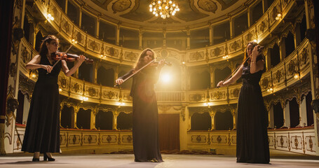 Portrait of a Group of Female Violinists Playing Violins While on the Stage of an Empty Classic Theatre. Musicians Rehearsing for a Big Classical Music Concert with Orchestra