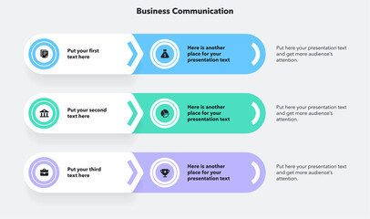 Poster - Modern business communication template with three colorful stages. Flat presentation template with icons and place for your content.