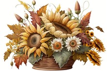 Basket Filled With Sunflowers And Leaves In A Rustic Style Painting. Generative AI