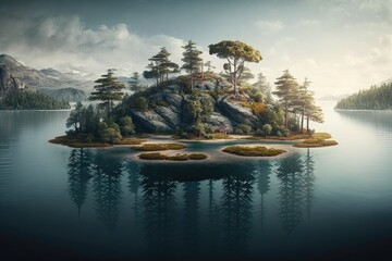 Wall Mural - serene island in the center of a tranquil lake. Generative AI