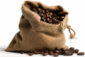 Poster - bag of coffee beans surrounded by a heap of coffee beans. Generative AI