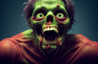 Creepy zombie. Portrait of ugly screaming monster on bright background. Generative AI.