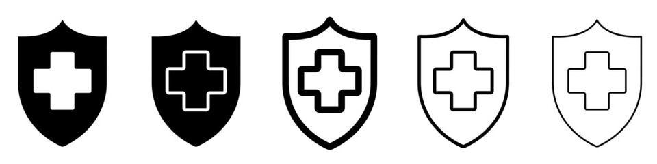 Wall Mural - medical shield icons set. black shield with medical cross. save shield icon. vector illustration. ab