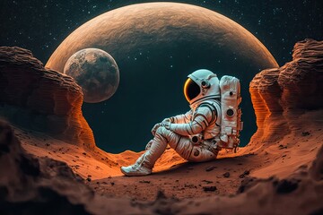 Wall Mural - an astronaut sitting on the surface of a distant planet, gazing at the vast cosmic landscape. genera