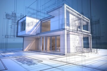 Aufkleber - Architecture 3D and blueprints representation, generative ai