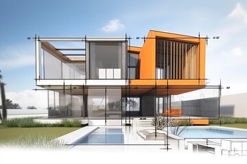 Aufkleber - Architecture 3D and blueprints representation, generative ai