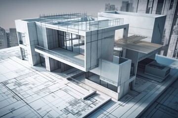 Aufkleber - Architecture 3D and blueprints representation, generative ai