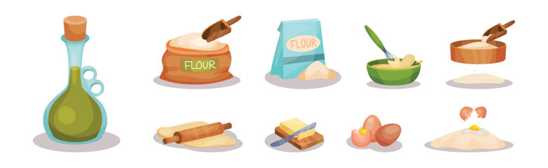 Wall Mural - Bakery Ingredients and Stuff for Cake Preparation Vector Set