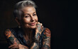 © alexkoral - stylish fashionable elderly happy woman in tattoos smiles onblack background. Generative AI