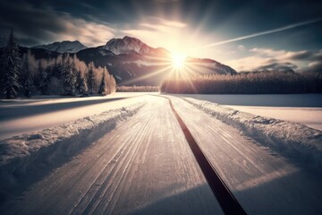 Wall Mural - winter landscape with a sunlit snow-covered road. generative ai