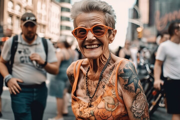 Wall Mural - stylish elderly happy woman in tattoos in sunglasses smiles on street of city. Generative AI