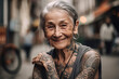 © alexkoral - portrait of stylish elderly happy woman in tattoos smiles on street. Generative AI