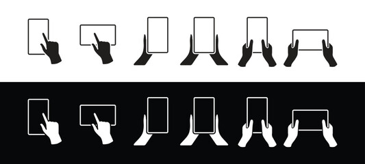 Collection of hands holding modern smartphone drawn with black contour lines. A collection of palm and phone outline sketches, separated from the white background. Vector illustration.