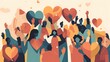 Charity illustration concept with abstract, diverse persons, hands and hearts. Community compassion, love, and support towards those in need. Generative AI