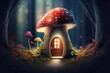 whimsical mushroom house nestled in the heart of a lush forest. Generative AI