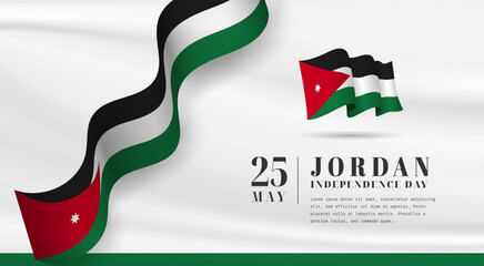 Banner illustration of Jordan independence day celebration with text space. Waving flag and hands clenched. Vector illustration.