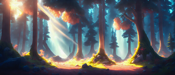 Wall Mural - A mystical forest with rays of sunlight shining through. Generative AI