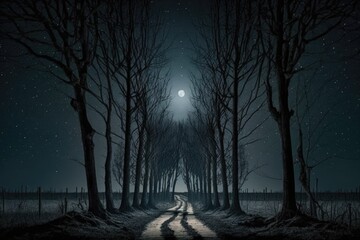 Wall Mural - mysterious road surrounded by dark trees under a full moon. Generative AI