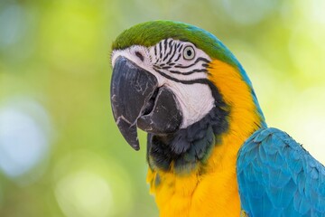 Wall Mural - Close-up of a colorful Ara on a blurred green background