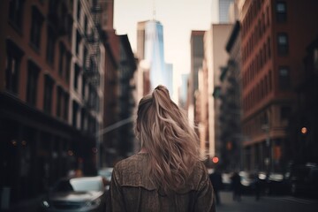 Wall Mural - Rear view of a woman walking down a city street