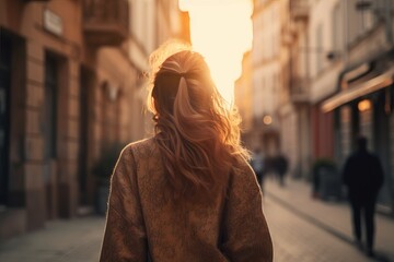 Wall Mural - Rear view of a woman walking down a city street at sunset