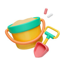 3d Sand Bucket Icon Summer Beach Holiday. Summer Vacation And Holidays Concept. Icon Isolated On White Background. 3d Rendering Illustration. Clipping Path.