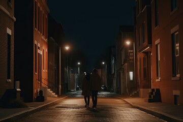 Wall Mural - Rear view of a man and woman walking down a city street