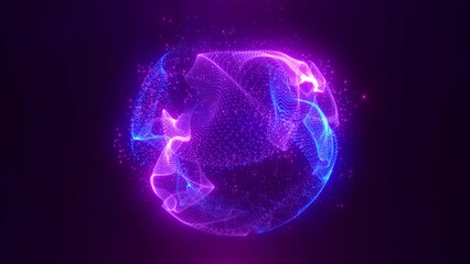 Wall Mural - Abstract purple looped energy sphere of particles and waves of magical glowing on a dark background, video 4k