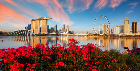 Wall Mural - View of central Singapore: Marina Bay Sands hotel, Flyer wheel, ArtScience museum and Supergrove