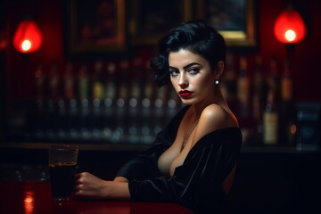 Beautiful young woman sitting alone at a bar with dim lighting