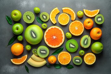 Poster - colorful fruit basket on a wooden table. Generative AI