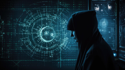 Wall Mural - futuristic hooded hacker - by generative ai