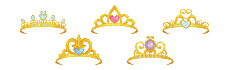 Wall Mural - Golden Tiaras or Diadem with Gemstones Vector Set