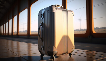 Travel concept, tourism advertisement, gray modern suitcase standing on a train station, airport, AI generated.