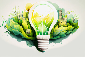 Watercolor light bulb green renewable energy concept. Generative ai design.