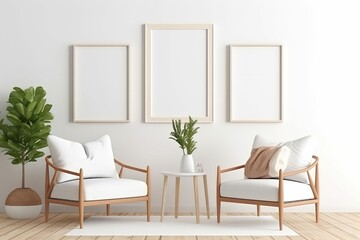 Modern composition of living room interior with two white armchairs, three mock up posters without text, plants and personal accessories in home decor. ai generated.