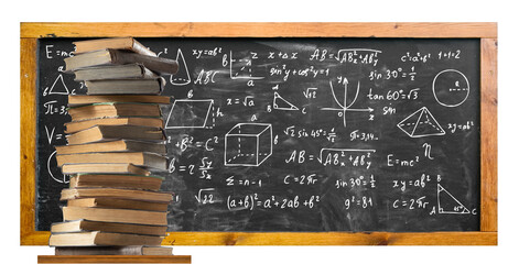 high stack of books on the background of a blackboard covered with various mathematical expressions