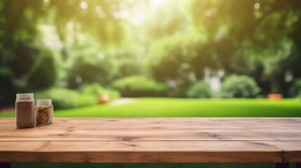 Empty wooden table in summer background with the blurred green garden and picnic or BBQ in the background. Generative AI