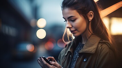 Wall Mural - Portrait of a beautiful young woman using mobile phone in the city.Generative Ai