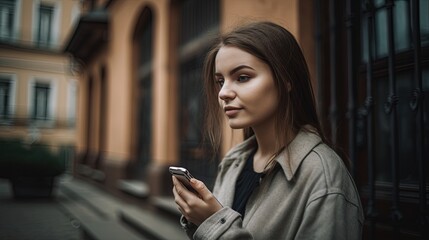 Wall Mural - Portrait of a beautiful young woman using mobile phone in the city.Generative Ai