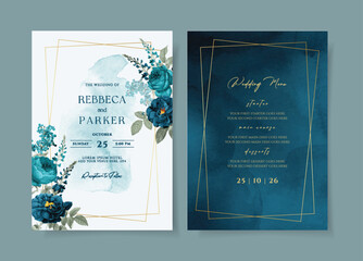 Wall Mural - Watercolor wedding invitation template set with romantic teal navy floral and leaves decoration