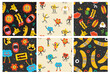© virinaflora - Colorful funny happy face label seamless pattern set. Collection of trendy retro sticker cartoon backgrounds. Weird comic character art wallpaper