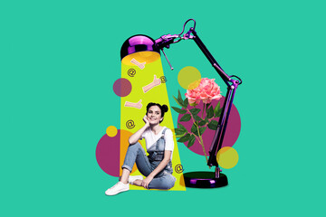 Poster - Creative template collage image of funny dreamy girl sitting under bulb lamp getting positive feedback isolated drawing background