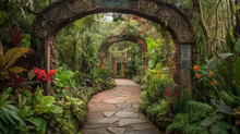 A Stunning Hidden Fairy Tale Garden Adorned With Flower Arches And A Gorgeous Tropical Rainforest Filled With Vibrant Foliage. Generative AI