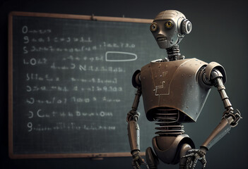 Wall Mural - Humanoid education robot teacher in front of a school classroom chalkboard teaching pupils about  mathematics and artificial intelligence technology, computer Generative AI stock illustration image