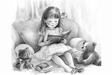 Little Girl Reading A Picture Book To Her Teddy Bear Friend, Which Is A Cute Adorable Child Monochrome Black And White Sketch Outlining The Concept Of Education, Computer Generative AI Illustration