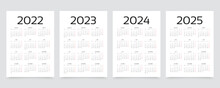 2023, 2024, 2025 Years Calendar. Week Starts Monday. Simple Calender Layout. Desk Planner Template With 12 Months. Yearly Diary. Organizer In English. Pocket Or Wall Formats. Vector Illustration.